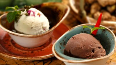 Close-up view of gourmet chocolate and vanilla ice cream served in decorative bowls with garnishes.