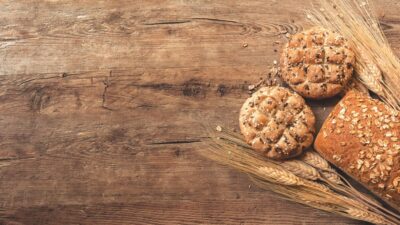 cookies, bread, and wheat on table
