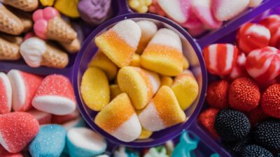 a group of different types of candy