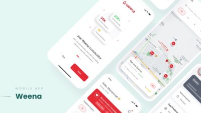 Mobile app interface design with map and social feed.