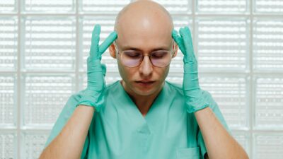 A surgeon in green scrubs appears stressed, holding their head with gloved hands indoors.