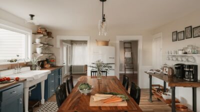 Farmhouse kitchen with dining table and island.
