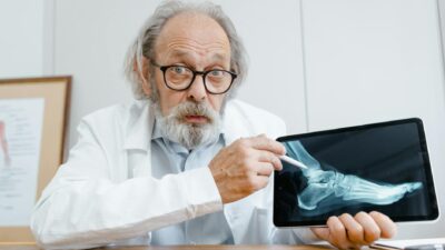 Elderly doctor examining an X-ray on a digital tablet in a clinical setting.
