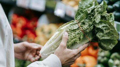 Crop faceless buyer choosing green lettuce while standing near stall with assorted vegetables on blurred background in supermarket during grocery shopping
