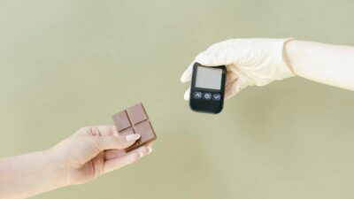 Close-up of hands holding a chocolate bar and glucose meter.