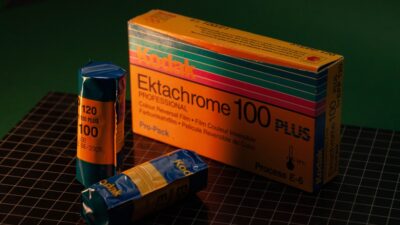 Kodak ektachrome 100 plus film in its packaging.