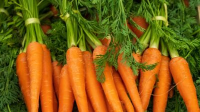 a pile of carrots with green tops and leaves