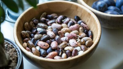 A bowl of various colorful beans in a close-up shot on a kitchen table.