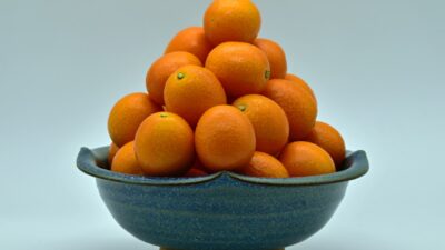 a blue bowl filled with oranges on top of a table